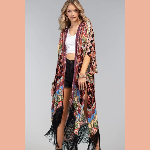Boho Floral Damask Dainty Fringe Kimono Cape Duster - Picture 5 of 9